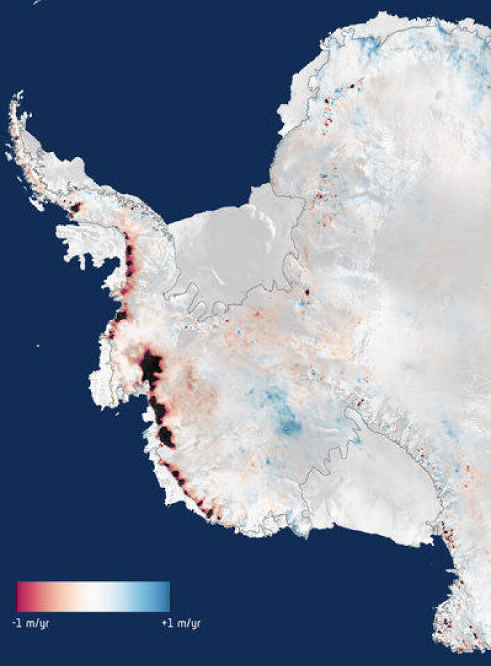 Dronning Maud Land (øverst) holder stand. Men du verden som det har smeltet ut mot Amundsen-havet (til venstre) de siste årene. (Foto: (ESA)) Dronning Maud Land (øverst) holder stand. Men du verden som det har smeltet ut mot Amundsen-havet (til venstre) de siste årene. (Foto: (ESA))