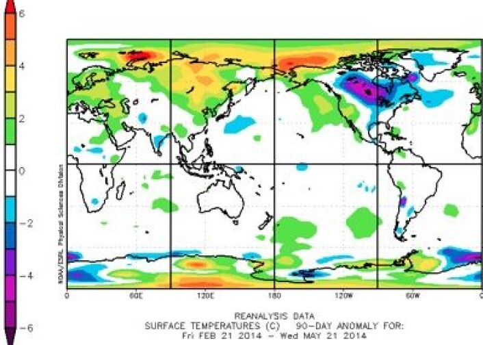 Temperatur-reanalyse for 90-dagers perioden 21. feb - 21 mai. Fargene viser avvik fra normalperioden 1981-2010. (Foto: (NOAA)) Temperatur-reanalyse for 90-dagers perioden 21. feb - 21 mai. Fargene viser avvik fra normalperioden 1981-2010. (Foto: (NOAA))