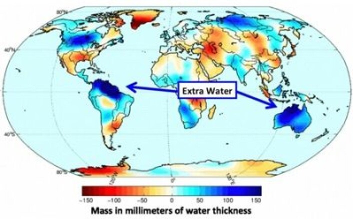 Endringer i vannfordelingen på kloden vår fra 2010 til 2011. (Foto: (Boening et al., 2012)) Endringer i vannfordelingen på kloden vår fra 2010 til 2011. (Foto: (Boening et al., 2012))
