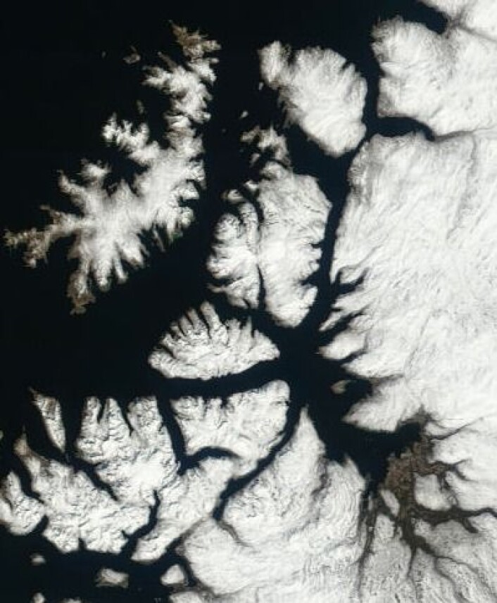 Fortsatt mye snø på Sørøya og i traktene rundt Altafjorden da NASAs satellitt Terra passerte 29. mai. (Foto: (NASA Terra MODIS)) Fortsatt mye snø på Sørøya og i traktene rundt Altafjorden da NASAs satellitt Terra passerte 29. mai. (Foto: (NASA Terra MODIS))