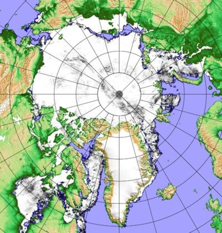 Sjøiskart basert på observasjoner fra det japanske mikrobølgeinstrumentet AMSR2 29. mai. (Foto: (Univ. Bremen)) Sjøiskart basert på observasjoner fra det japanske mikrobølgeinstrumentet AMSR2 29. mai. (Foto: (Univ. Bremen))