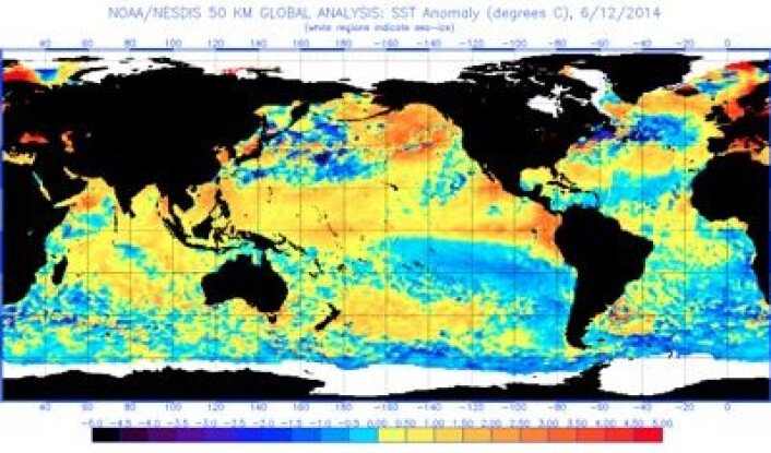 Satellittmålt temperatur (avvik fra normalen) i havoverflaten 12. juni. (Foto: (NOAA)) Satellittmålt temperatur (avvik fra normalen) i havoverflaten 12. juni. (Foto: (NOAA))