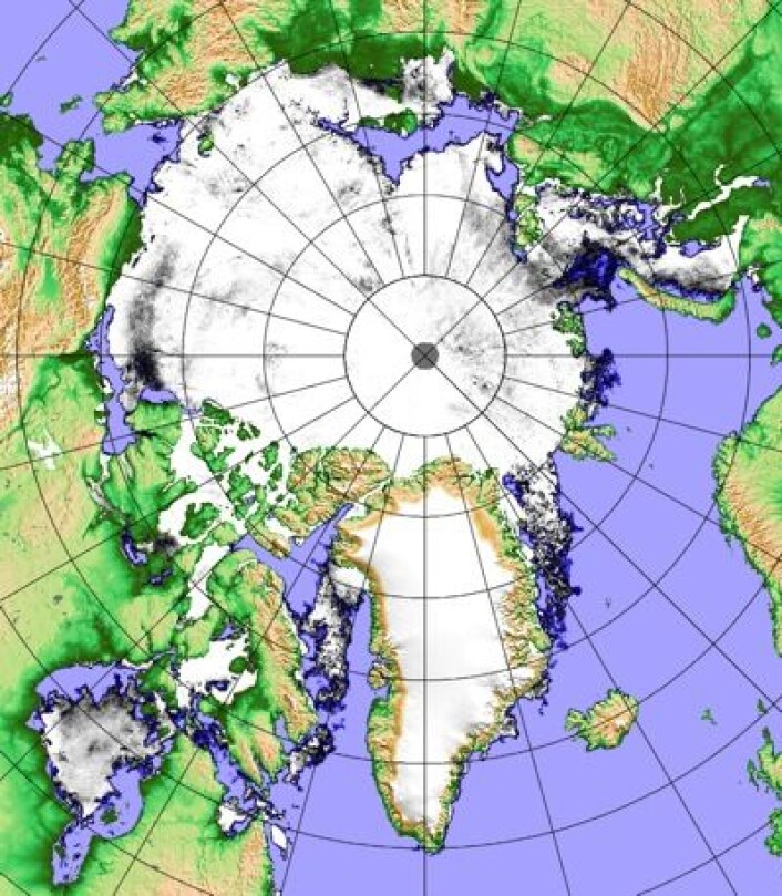Sjøisen 19. juni basert på målinger fra det japanske satellittinstrumentet AMSR2. (Foto: (Univ Bremen)) Sjøisen 19. juni basert på målinger fra det japanske satellittinstrumentet AMSR2. (Foto: (Univ Bremen))