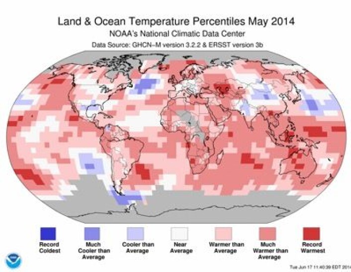 Det var rekordvarmt (mørkerødt) mange steder i verden på temperaturstatistikken for mai fra NOAA. (Foto: (NOAA)) Det var rekordvarmt (mørkerødt) mange steder i verden på temperaturstatistikken for mai fra NOAA. (Foto: (NOAA))