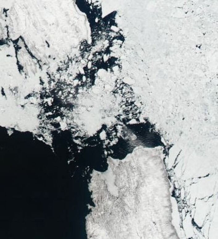 Fortsatt mye is i Karaporten 19. juni. (Foto: (NASA Aqua MODIS)) Fortsatt mye is i Karaporten 19. juni. (Foto: (NASA Aqua MODIS))