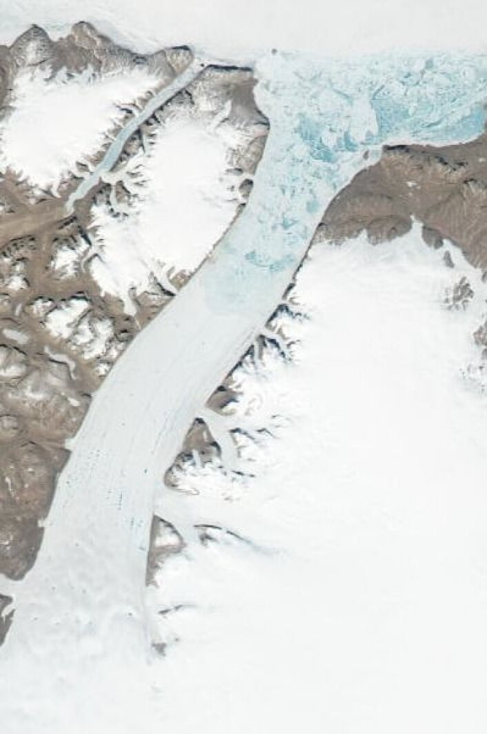 Petermann-breen på Grønland sett fra NASAs satellitt Aqua 27. juni. (Foto: (NASA Aqua MODIS)) Petermann-breen på Grønland sett fra NASAs satellitt Aqua 27. juni. (Foto: (NASA Aqua MODIS))