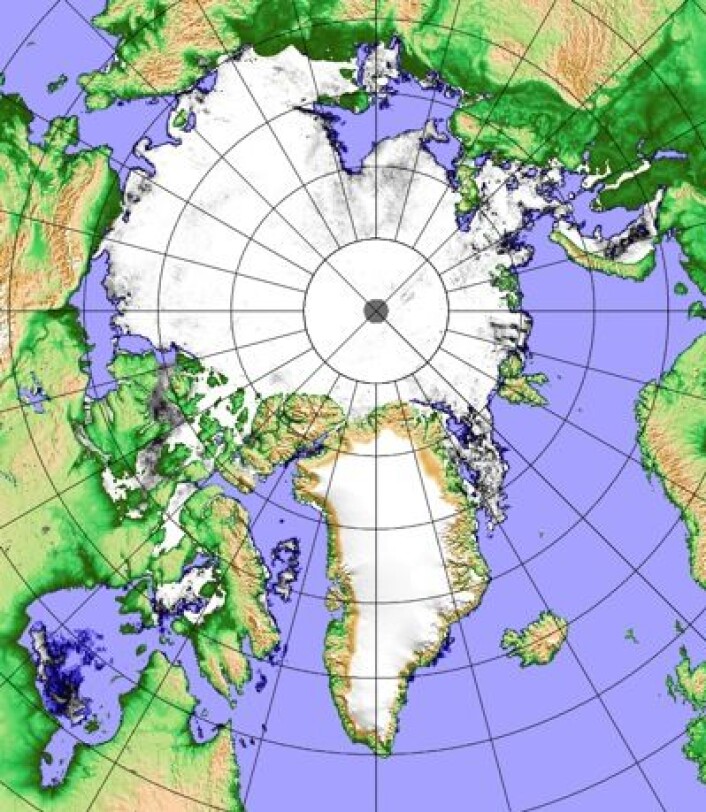 Sjøiskart 3. juli basert på data fra instrumentet AMSR2 på JAXAs satellitt Shizuku. (Foto: (PolarView/Univ i Bremen)) Sjøiskart 3. juli basert på data fra instrumentet AMSR2 på JAXAs satellitt Shizuku. (Foto: (PolarView/Univ i Bremen))