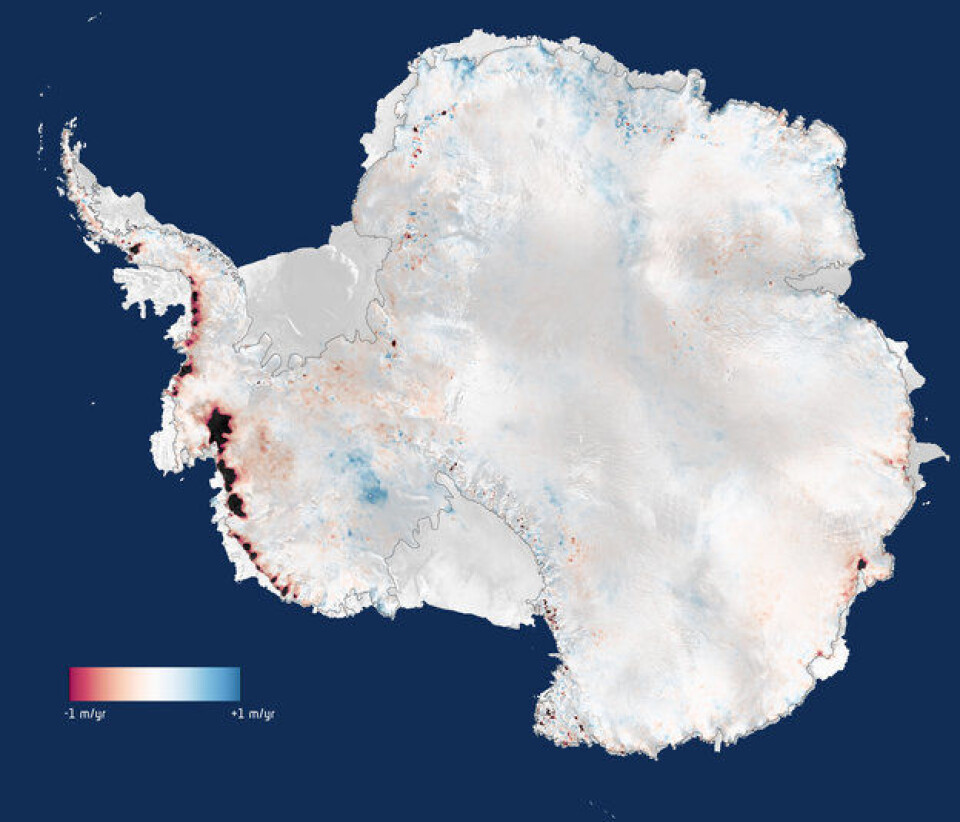 De nyeste målingene fra ESAs satellitt CryoSat viser at Antarktis mistet 159 milliarder tonn is hvert år (markert i rødt og svart) fra 2010 til 2013. Smeltingen skjer spesielt raskt i Vest-Antarktis. Grafikk: (Foto: CPOM/Leeds/ESA)