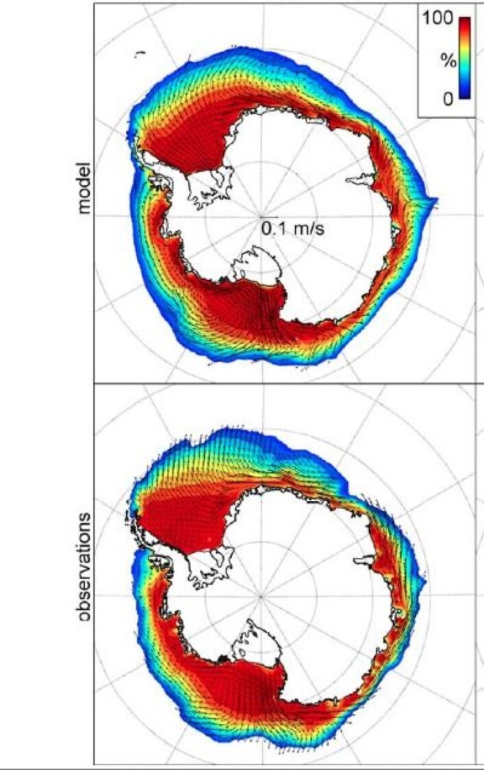 Modell (øverst) og observasjoner (nederst) for midlere iskonsentrasjon og isdrift for sesongen april-mai-juni i perioden 1992 - 2010. (Foto: (Holland et al., J. Climate, AMS, 2014)) Modell (øverst) og observasjoner (nederst) for midlere iskonsentrasjon og isdrift for sesongen april-mai-juni i perioden 1992 - 2010. (Foto: (Holland et al., J. Climate, AMS, 2014))