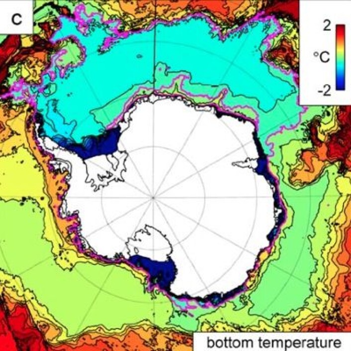 Potensiell temperatur ved havbunnen i områdene rundt Antarktis. (Foto: (Holland et al., J. Climate, AMS, 2014)) Potensiell temperatur ved havbunnen i områdene rundt Antarktis. (Foto: (Holland et al., J. Climate, AMS, 2014))