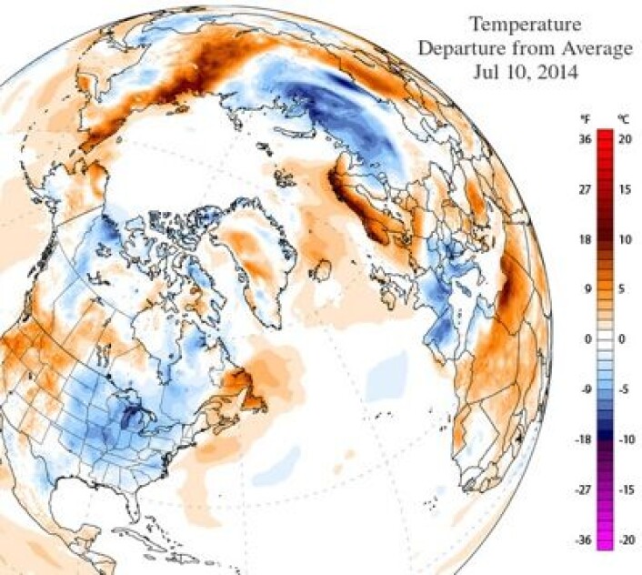 Temperatur (avvik fra normalen) torsdag 10. juli. (Foto: (Climate Reanalyzer, CCI, University of Maine, USA)) Temperatur (avvik fra normalen) torsdag 10. juli. (Foto: (Climate Reanalyzer, CCI, University of Maine, USA))