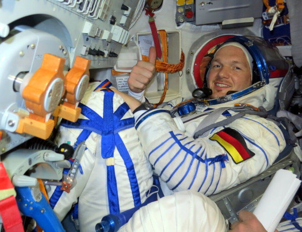 ESAs tyske astronaut, Alexander Gerst, i Sojus-kapselen før oppskyting til romstasjonen 28. mai 2014. Foto: (Foto: ESA)