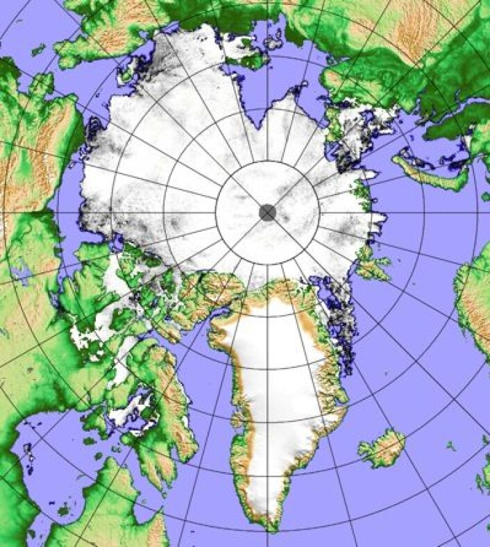 Sjøisen i Arktis 17. juli 2014, observert fra japansk satellitt. (Foto: (PolarView / Univ Bremen)) Sjøisen i Arktis 17. juli 2014, observert fra japansk satellitt. (Foto: (PolarView / Univ Bremen))