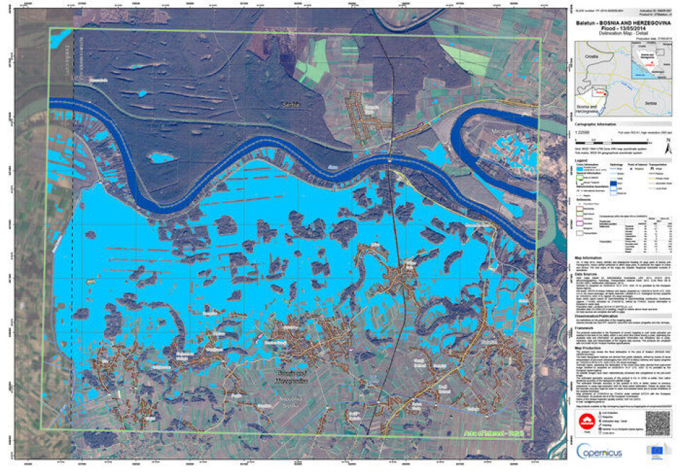 Radarsatellitten Sentinel-1s kart over flommen på Balkan i mai 2014 var med på lette hjelpearbeidet. (Foto: ESA/Europakommisjonen)
