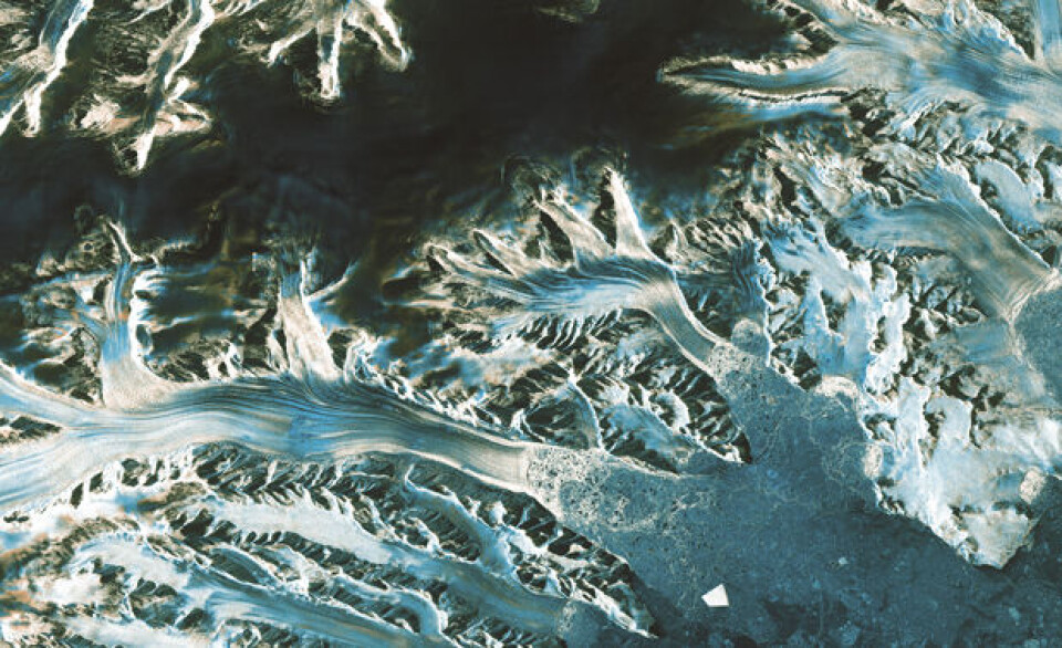 Den europeiske miljøsatellitten Sentinel-1s bilde av isbreer på den antarktiske halvøy i april 2014. (Foto: ESA)