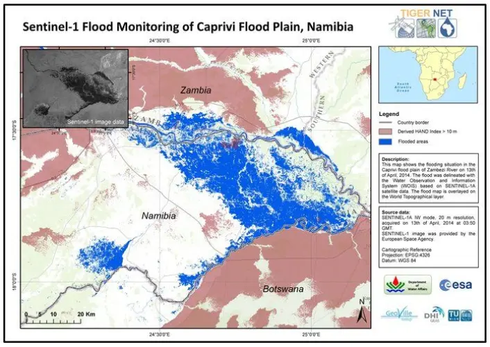 Radarsatellitten Sentinel-1s kart over flom i Namibia i april 2014. (Foto: ESA/Tiger Net/Dept. of Water Affairs/GeoVille/DHI/TU Vienna/GEO) Radarsatellitten Sentinel-1s kart over flom i Namibia i april 2014. (Foto: ESA/Tiger Net/Dept. of Water Affairs/GeoVille/DHI/TU Vienna/GEO)