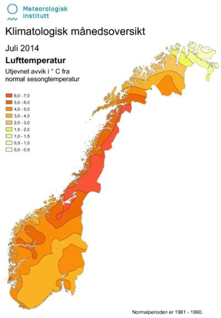 Ny norgesrekord, bokstavelig talt. Slik var temperaturen (avvik fra normalen) i juli. (Foto: (Meteorologisk institutt)) Ny norgesrekord, bokstavelig talt. Slik var temperaturen (avvik fra normalen) i juli. (Foto: (Meteorologisk institutt))
