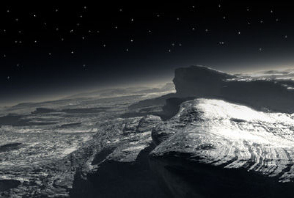 Slik kan det se ut på overflaten av Pluto. Illustrasjon: ESO, L. Calçada, Creative Commons, se lisens
