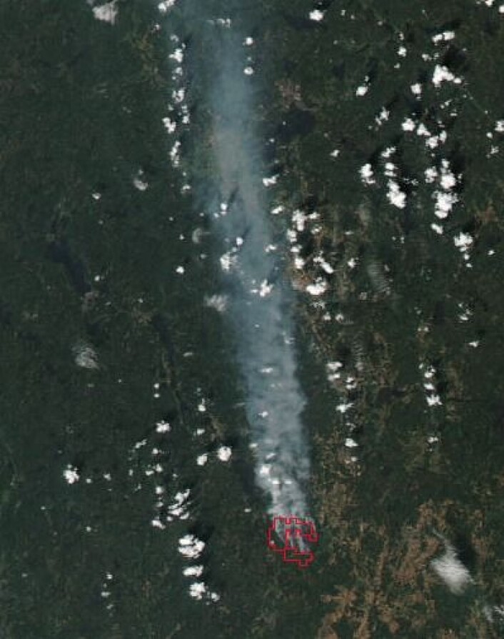 Den svenske skogbrannen sett fra NASAs satellitt Aqua 4. august. Satellitten både ser røyken og registrerer hvor det er unormalt varmt på bakken (rødt). (Foto: (NASA Aqua MODIS)) Den svenske skogbrannen sett fra NASAs satellitt Aqua 4. august. Satellitten både ser røyken og registrerer hvor det er unormalt varmt på bakken (rødt). (Foto: (NASA Aqua MODIS))