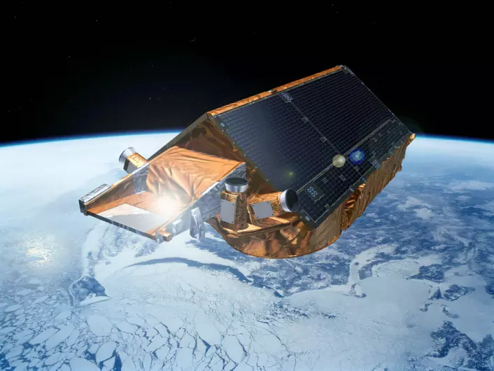 CryoSat måler tykkelsen og utbredelsen av isen i polområdene. Den er en av ESAs miljøsatellitter Earth Explorers. Illustrasjon: ESA (Foto: ESA)