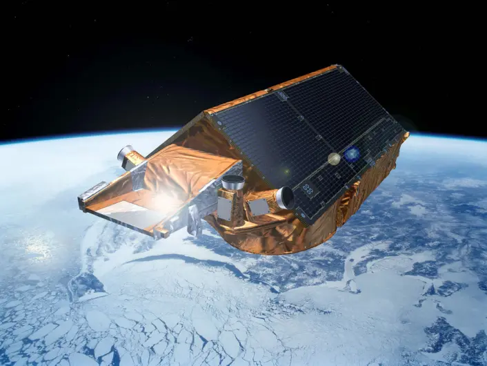 CryoSat måler tykkelsen og utbredelsen av isen i polområdene. Den er en av ESAs miljøsatellitter Earth Explorers. Illustrasjon: ESA (Foto: ESA) CryoSat måler tykkelsen og utbredelsen av isen i polområdene. Den er en av ESAs miljøsatellitter Earth Explorers. Illustrasjon: ESA (Foto: ESA)