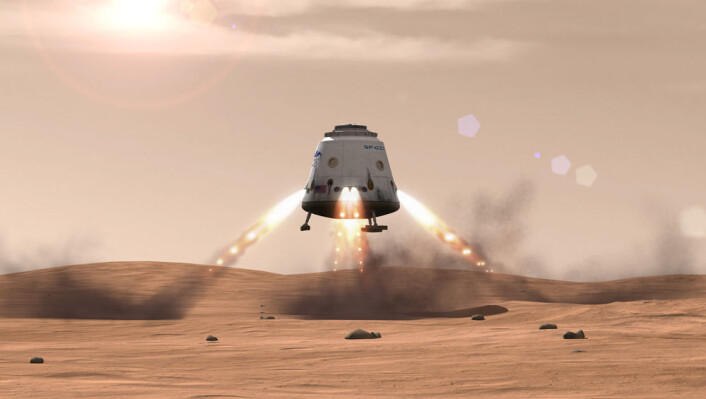 Dragon-kapselen til SpaceX lander på Mars. (Foto: (Illustrasjon: SpaceX)) Dragon-kapselen til SpaceX lander på Mars. (Foto: (Illustrasjon: SpaceX))