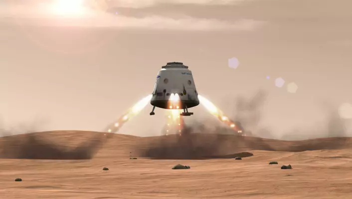 Dragon-kapselen til SpaceX lander på Mars. (Foto: (Illustrasjon: SpaceX))