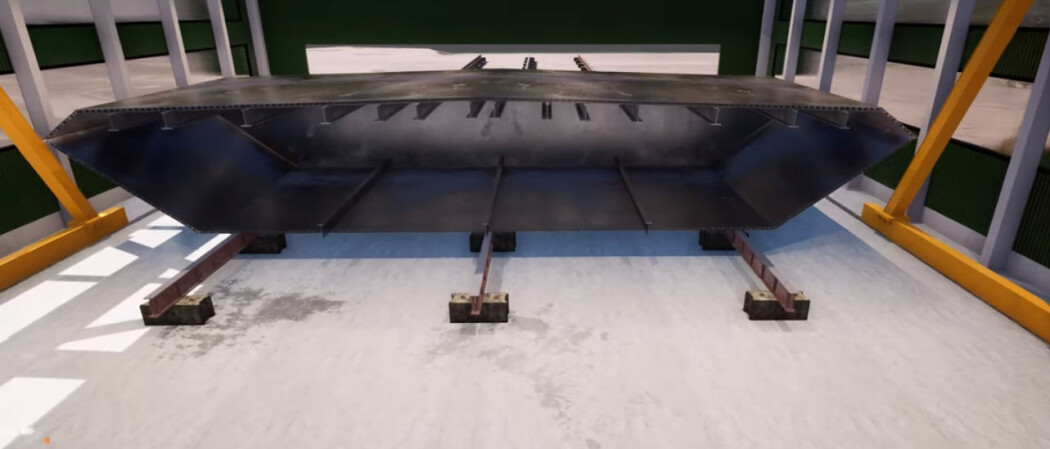Bildet er hentet fra en animasjons-video om produksjon av brukasse i aluminium, et materiale som kan gi lettere og rimeligere totalkostnader i bruer. Bildet er hentet fra en animasjons-video om produksjon av brukasse i aluminium, et materiale som kan gi lettere og rimeligere totalkostnader i bruer.