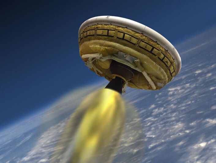 Illustrasjonen viser hvordan NASAs Low-Density Supersonic Decelerator (LDSD) ble sendt opp med rakett til 55 kilometers høyde over Hawaii for utprøving den 28. juni 2014. Teknologien skal brukes til å myklande tyngre nyttelaster på Mars, der lufttrykket er så lavt at oppbremsingen blir svakere enn på jorda. (Foto: (Illustrasjon: NASA/JPL)) Illustrasjonen viser hvordan NASAs Low-Density Supersonic Decelerator (LDSD) ble sendt opp med rakett til 55 kilometers høyde over Hawaii for utprøving den 28. juni 2014. Teknologien skal brukes til å myklande tyngre nyttelaster på Mars, der lufttrykket er så lavt at oppbremsingen blir svakere enn på jorda. (Foto: (Illustrasjon: NASA/JPL))