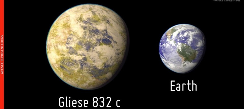Slik ser en kunstner for seg Gliese 832c målt mot jordkloden. Ifølge astronomenes beregninger har planeten en masse på 5,4 ganger Jordas Planetary Habitability Laboratory, Arecibo