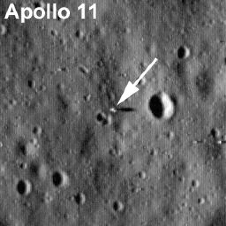 Månemodulen til Apollo 11 het Eagle. Her ser vi landingsdelen som står igjen. Astronautene forlot månen i fartøyets øverste kabinseksjon. Denne ble deretter forlatt i månebane, og krasjlandet til slutt på månen. Området på bildet er 282 meter bredt. (Foto: NASA/Goddard Space Flight Center/Arizona State University)