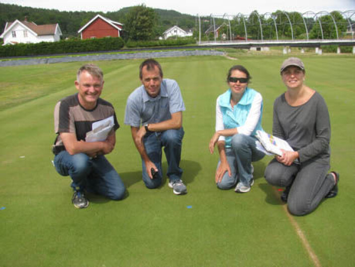 Erfaringsutveksling på en av forsøksgreenene på Landvik. Fra venstre: Trygve S. Aamlid fra Bioforsk, Bernd Leinauer og Elena Sevostianova fra New Mexico State University og Tatsiana Espevig fra Bioforsk. (Foto: S. Sevostianova) Erfaringsutveksling på en av forsøksgreenene på Landvik. Fra venstre: Trygve S. Aamlid fra Bioforsk, Bernd Leinauer og Elena Sevostianova fra New Mexico State University og Tatsiana Espevig fra Bioforsk. (Foto: S. Sevostianova)