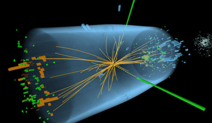 Figuren viser kollisjonen mellom to protoner i ATLAS-detektoren til Large Hadron Collider-partikkelakseleratoren som påviste Higgspartikkelen. De grønne og gule strekene indikerer fotoner som oppstod i kollisjonen. (Foto: (Figur:CERN, Creative Commons)) Figuren viser kollisjonen mellom to protoner i ATLAS-detektoren til Large Hadron Collider-partikkelakseleratoren som påviste Higgspartikkelen. De grønne og gule strekene indikerer fotoner som oppstod i kollisjonen. (Foto: (Figur:CERN, Creative Commons))