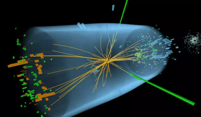 Figuren viser kollisjonen mellom to protoner i ATLAS-detektoren til Large Hadron Collider-partikkelakseleratoren som påviste Higgspartikkelen. De grønne og gule strekene indikerer fotoner som oppstod i kollisjonen. (Foto: (Figur:CERN, Creative Commons))