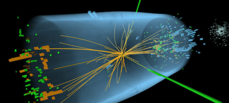 Figuren viser kollisjonen mellom to protoner i ATLAS-detektoren til Large Hadron Collider-partikkelakseleratoren som påviste Higgspartikkelen. De grønne og gule strekene indikerer fotoner som oppstod i kollisjonen. (Figur:CERN, Creative Commons)