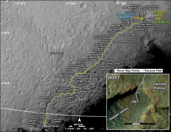 Dette kartet viser hvor Curiosity foreløpig er, sist oppdatert 4.8.2014. (Foto: (Bilde: NASA/JPL-Caltech/Univ. of Arizona)) Dette kartet viser hvor Curiosity foreløpig er, sist oppdatert 4.8.2014. (Foto: (Bilde: NASA/JPL-Caltech/Univ. of Arizona))