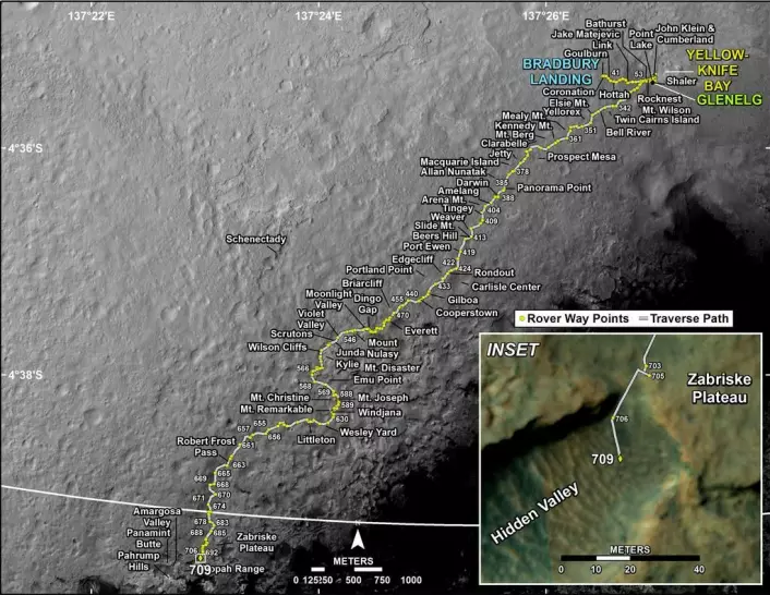 Dette kartet viser hvor Curiosity foreløpig er, sist oppdatert 4.8.2014. (Foto: (Bilde: NASA/JPL-Caltech/Univ. of Arizona))