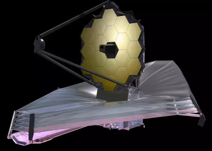 James Webb-teleskopet (JWST) skal ta over for Hubble en gang etter 2018. JWST er et infrarødt teleskop, og har som hovedoppdrag å studere galaksenes fødsel, og de tidligste hendelsene i universet. (Foto: (Illustrasjon: NASA))