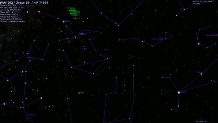 Gliese 581 befinner seg i den røde ringen. Bildet er framstilt i det åpne visualiseringsprogrammet Celestia. (Foto: Barney Holmes/Celestia) Gliese 581 befinner seg i den røde ringen. Bildet er framstilt i det åpne visualiseringsprogrammet Celestia. (Foto: Barney Holmes/Celestia)