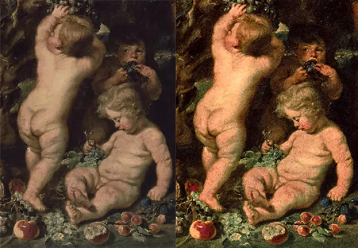 Bildet viser et resultat der metoden er brukt på et fotografi av den forsvunne maleriet "Satyrs and Bacchants" av Peter Paul Rubens. (Foto: (Illustrasjon: Høgskolen i Gjøvik/Peter Paul Rubens))