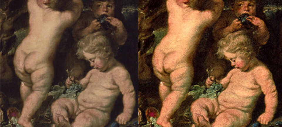 Bildet viser et resultat der metoden er brukt på et fotografi av den forsvunne maleriet 'Satyrs and Bacchants' av Peter Paul Rubens. (Illustrasjon: Høgskolen i Gjøvik/Peter Paul Rubens)