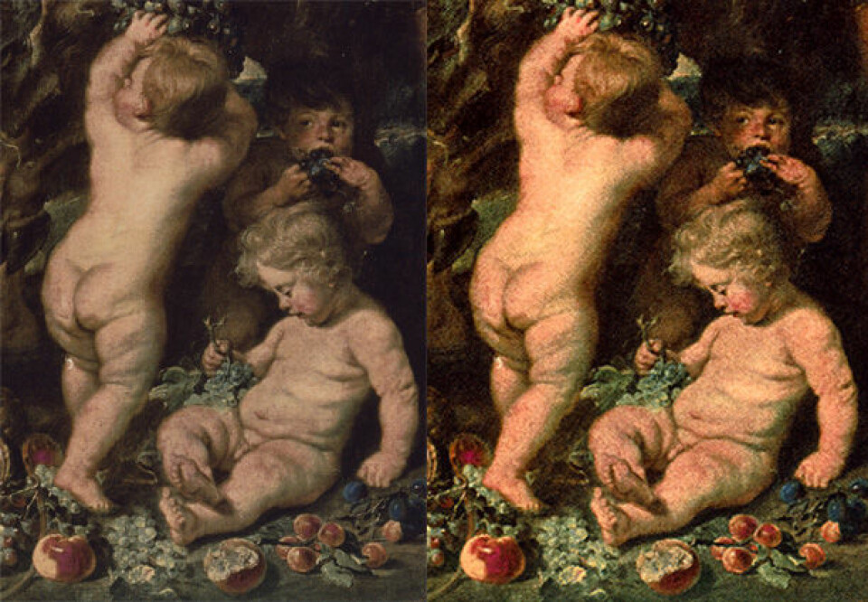 Bildet viser et resultat der metoden er brukt på et fotografi av den forsvunne maleriet 'Satyrs and Bacchants' av Peter Paul Rubens. (Foto: (Illustrasjon: Høgskolen i Gjøvik/Peter Paul Rubens))