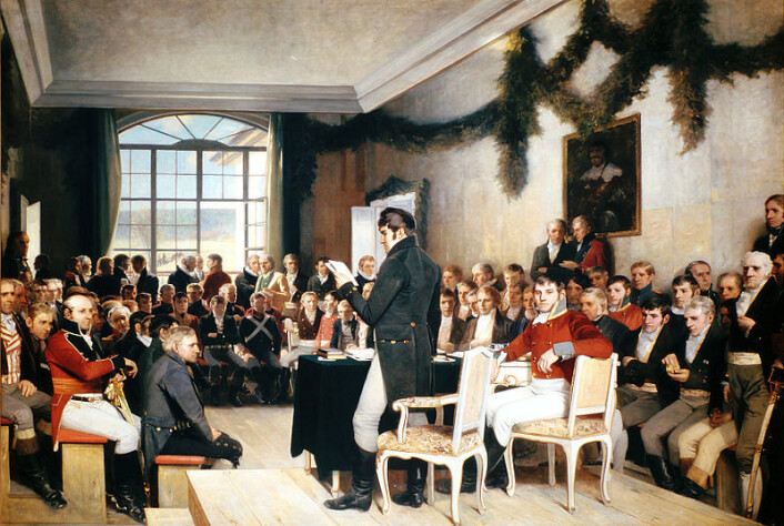 Det berømte maleriet Eidsvold 1814 ble malt av Oscar Wergeland 70 år etter grunnlovsforsamlingen og gitt som gave til Stortinget i 1885. (Foto: (Maleri av Oscar Wergeland)) Det berømte maleriet Eidsvold 1814 ble malt av Oscar Wergeland 70 år etter grunnlovsforsamlingen og gitt som gave til Stortinget i 1885. (Foto: (Maleri av Oscar Wergeland))