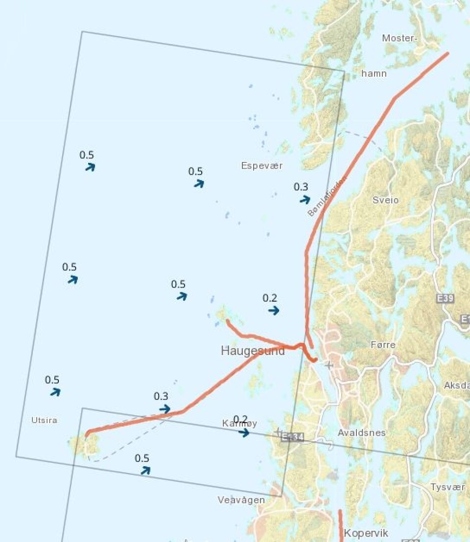 Nå kan du få eksakt varsel om bølgene langs kysten vår, som dette varselet for området utenfor Haugesund hvor ”Sleipner” forliste i 1999. Varslene gis for åtte viktige farleder og for området rundt disse farledene. (Foto: (Faksimile fra Barentswatch))