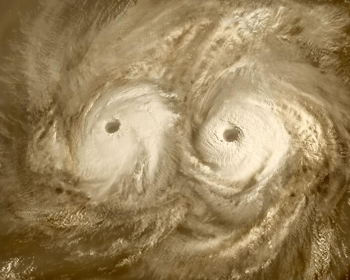 Kjempeorkaner over nordpolen på Venus. (Foto: ESA) Kjempeorkaner over nordpolen på Venus. (Foto: ESA)