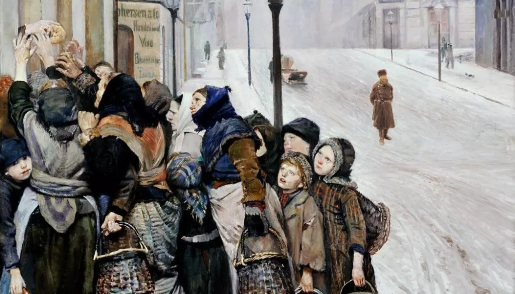 Christian Krogh malte dette bildet i 1889. Det heter «Kampen for tilværelsen» og viser voksne og barn som venter på å få utdelt brød. Selv om noen hadde det vanskelig på denne tiden, så var det ikke verre i Norge enn i andre land.
