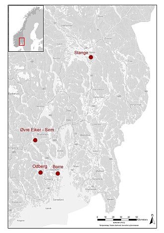 Borre, Odberg i Lågendalen, Stange og Sem i Øvre Eiker ble valgt som teststeder. (Illustrasjon: NIKU) Borre, Odberg i Lågendalen, Stange og Sem i Øvre Eiker ble valgt som teststeder. (Illustrasjon: NIKU)