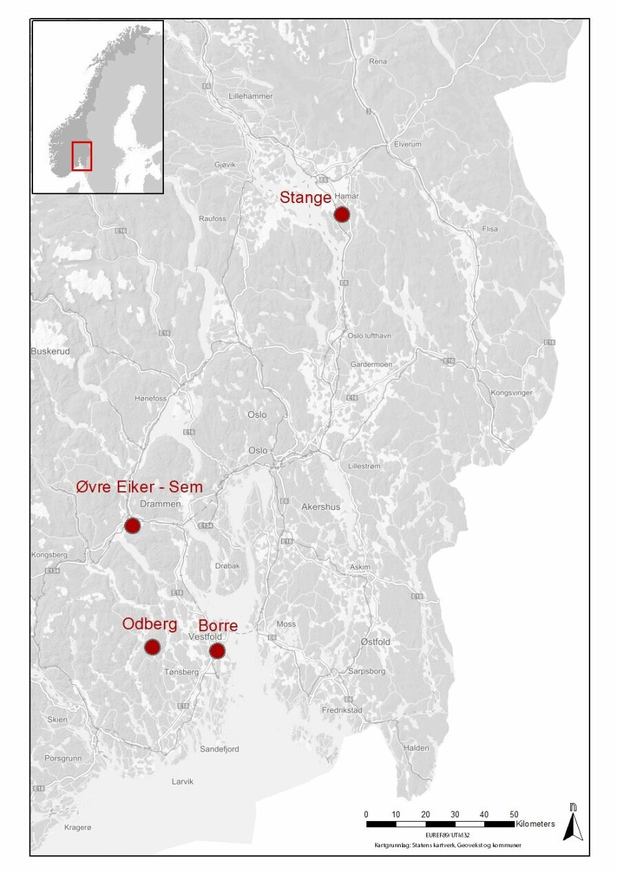 Borre, Odberg i Lågendalen, Stange og Sem i Øvre Eiker ble valgt som teststeder. (Illustrasjon: NIKU)