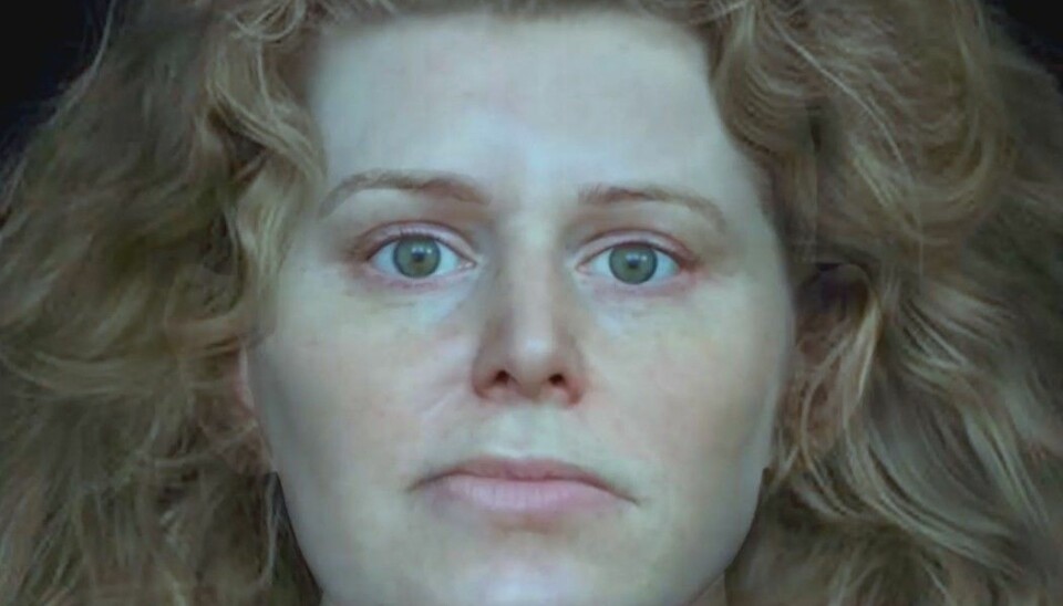 Forskere har brukt et dataprogram for å tegne ansiktet til en kvinne som ble funnet i en viking-grav. De har basert seg på hodeskallen hennes. (Bilde: National Geographic)