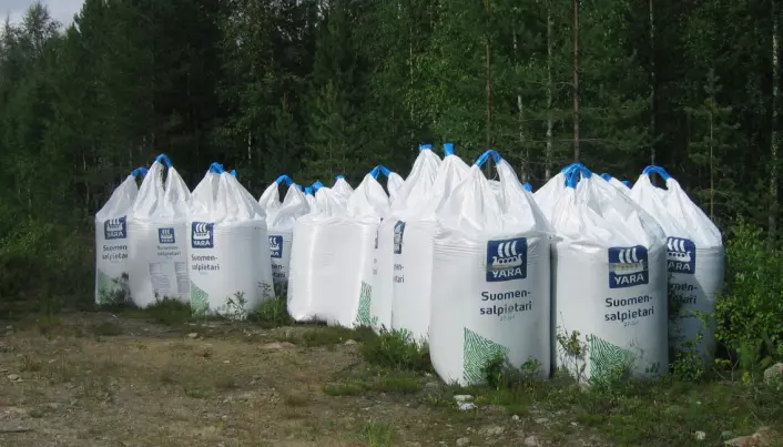 Sekker med norsklagd kunstgjødsel står klar til bruk i et finsk skogbruk. Det å tilføre nitrogen til naturlige miljøer er omstridt. (Foto: Seppvei/Wikimedia Commons)